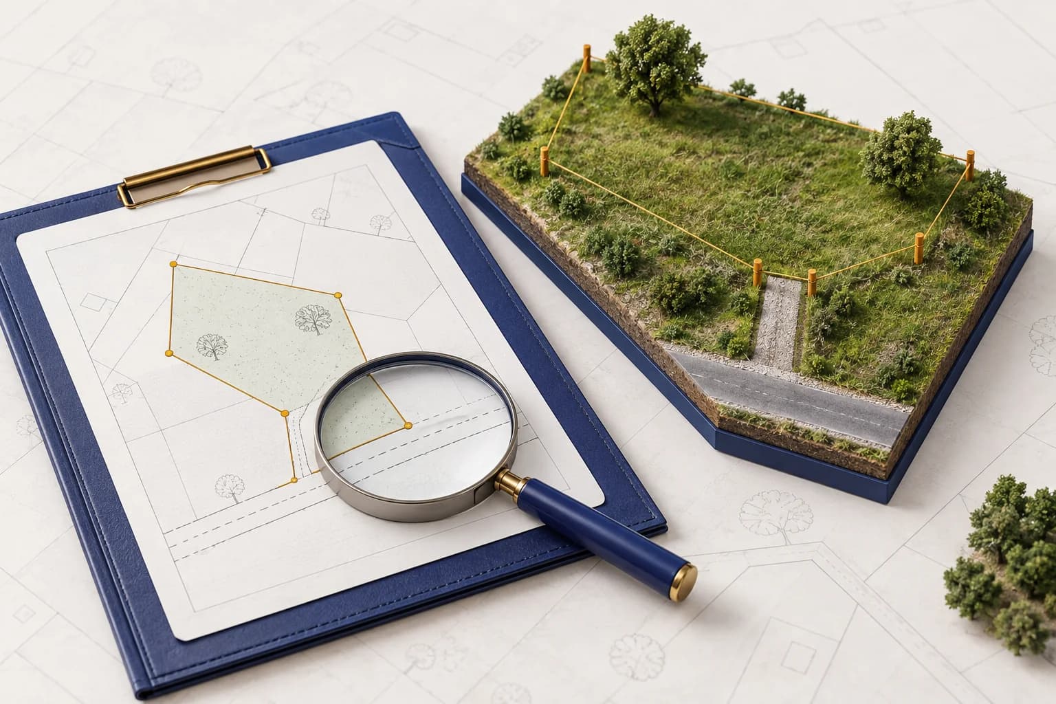 Parcelă de teren cu limite și acces, alături de un plan cadastral și o lupă