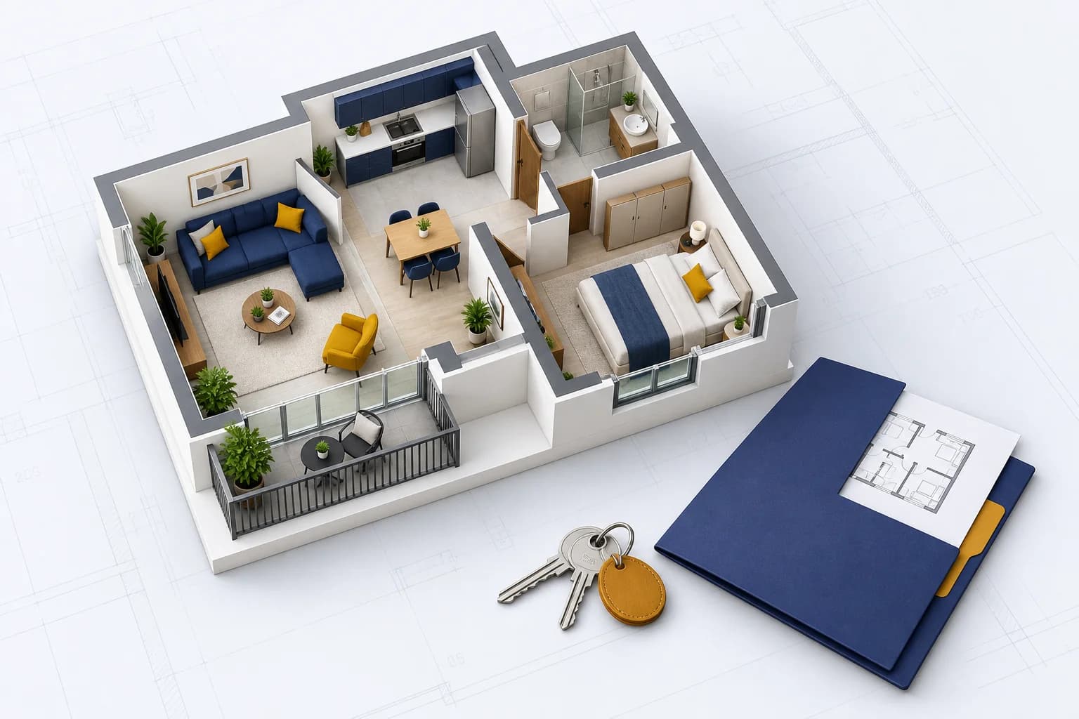 Apartament în secțiune izometrică, cu accente șofran, dosar indigo, releveu și chei