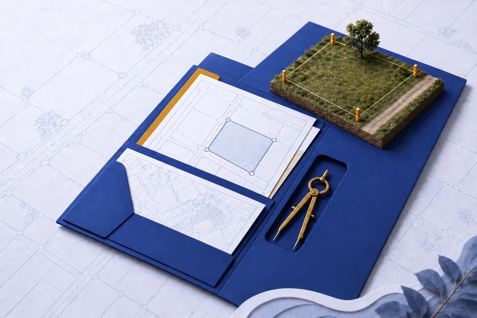 Ilustrație cu un teren neconstruit în miniatură, borne de delimitare și plan cadastral într-un dosar indigo